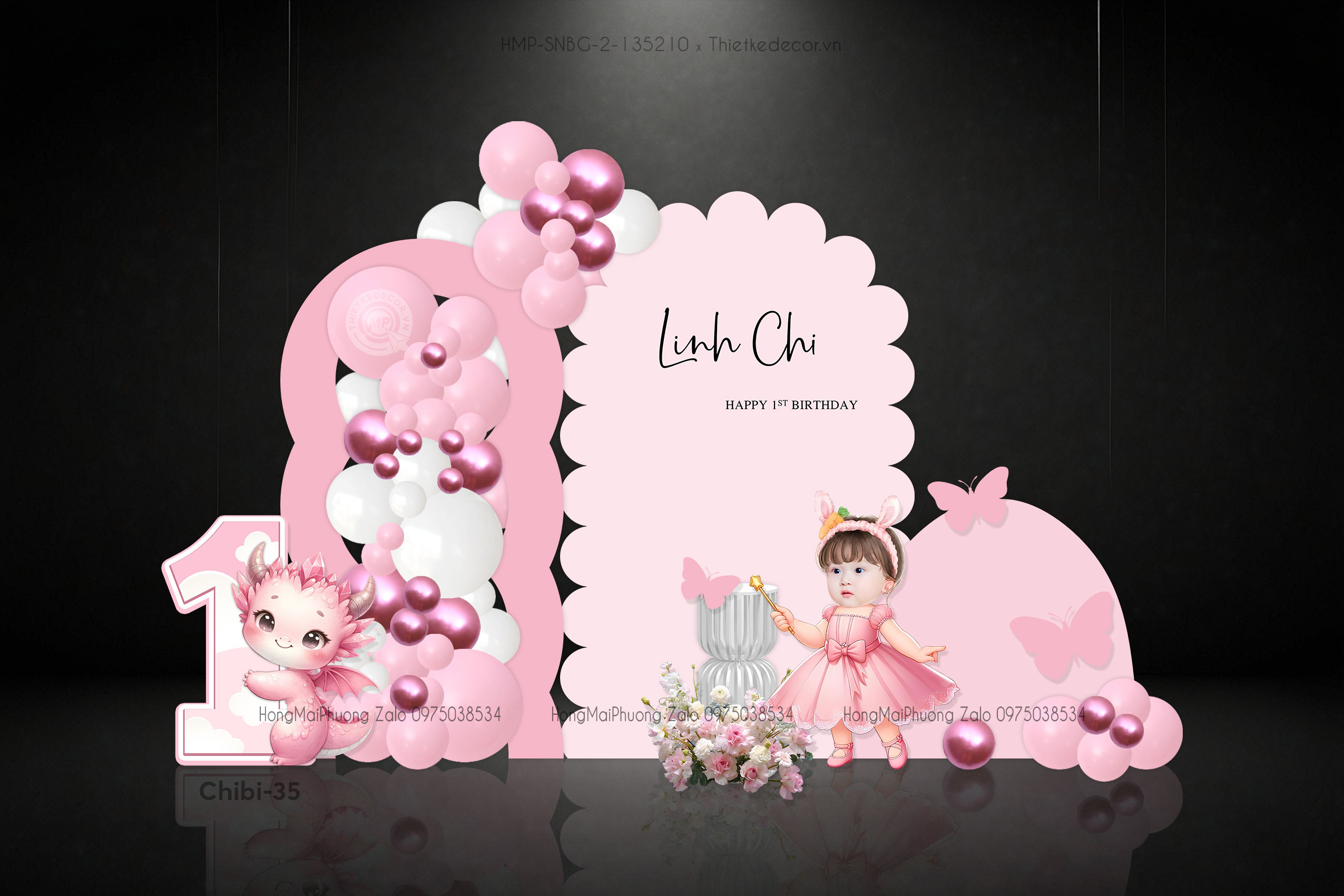 Sinh nhật bé gái tuổi rồng đính bướm tone hồng